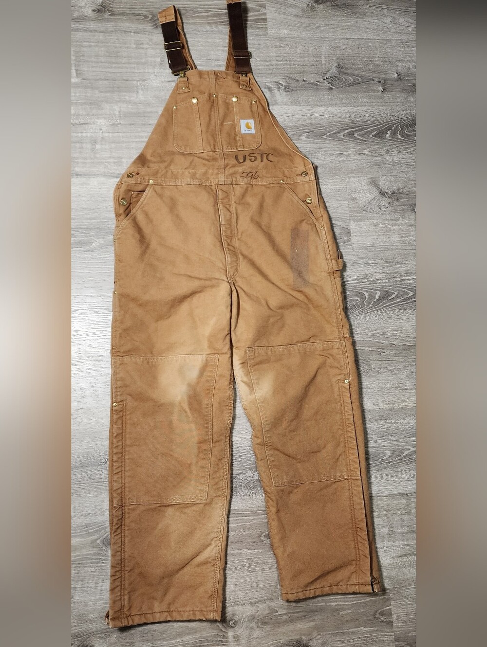 CARHARTT Brown Duck Bib Overalls Insulated Half Zip Leg Men's 44 x 32